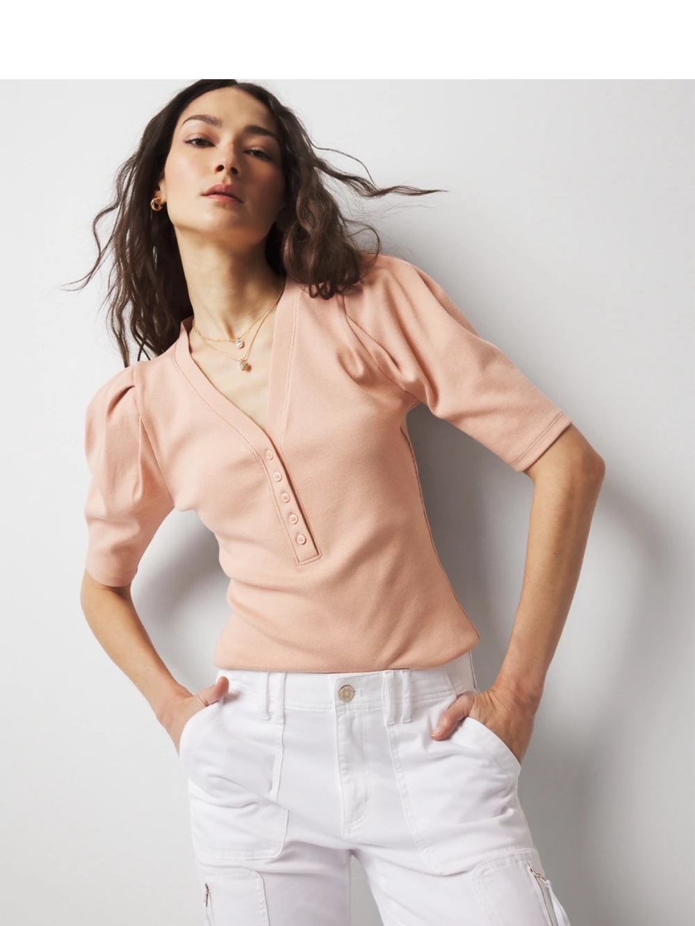 WHBM Women's HenleyPeach V-Neck Button Detail Top